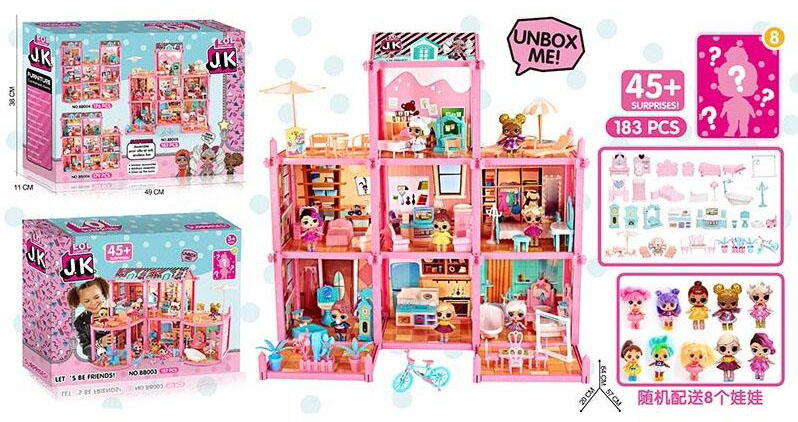 картинка Дом куклы сюрприз 64см 7 комнат с мебелью + 8 кукол 45 сюрпризов в коробке 49х11х38 см от магазина Чудо Городок